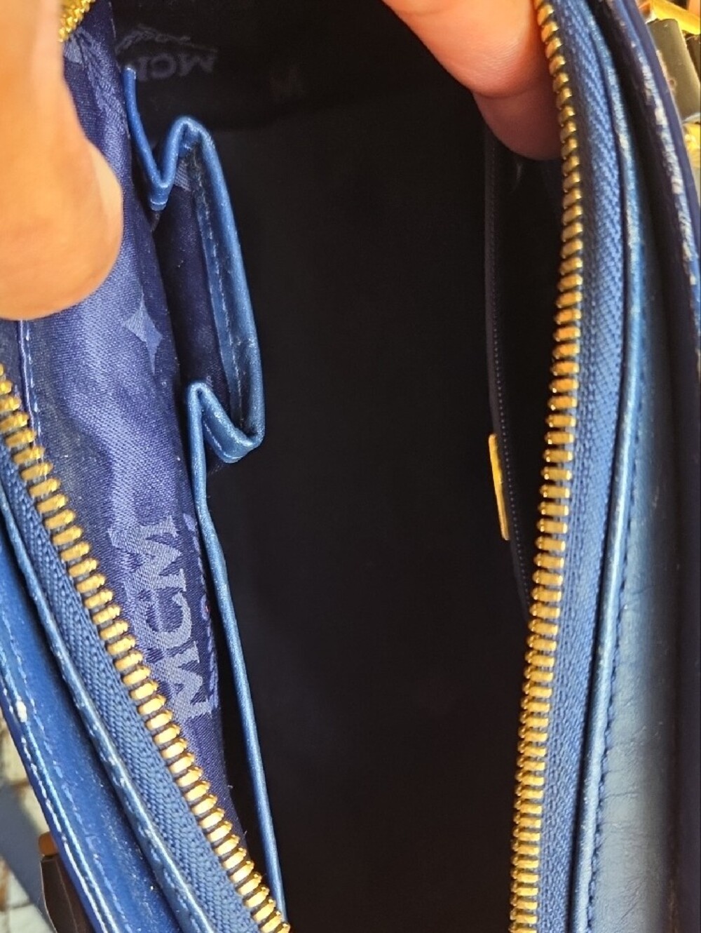 MCM Mini Olive Green & Blue Patent Leather Top-Handle Mini Crossbody - Picture 13 of 16